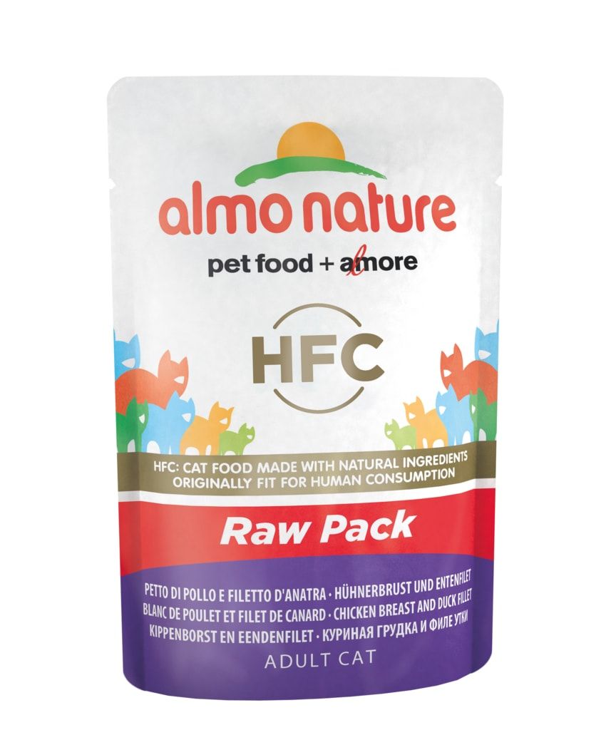 Almo Nature HFC Raw Pack WET CAT - Kuřecí prsa a kachní filet 55g výhodné balení 24ks