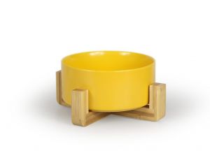 Aminela keramická miska v dřevěném stojanu - žlutá 750ml
