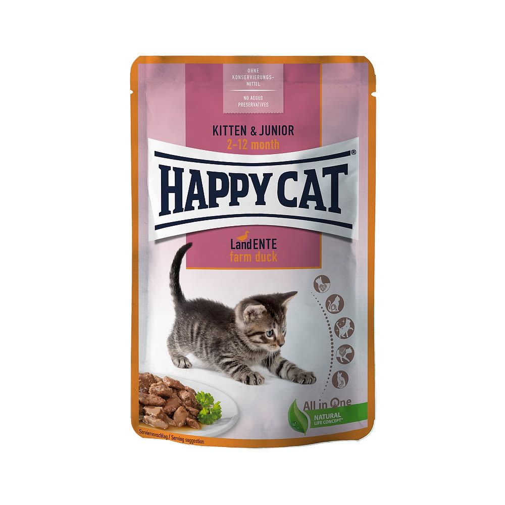 Happy Cat Kapsička Kitten & Junior Land-Ente / Kachna 85 g Euroben
