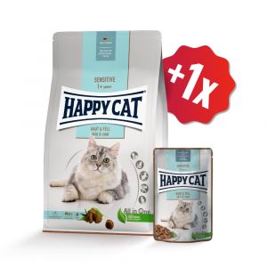 Happy Cat Sensitive Haut & Fell / Kůže & srst 1,3 kg SET + kapsička ZDARMA