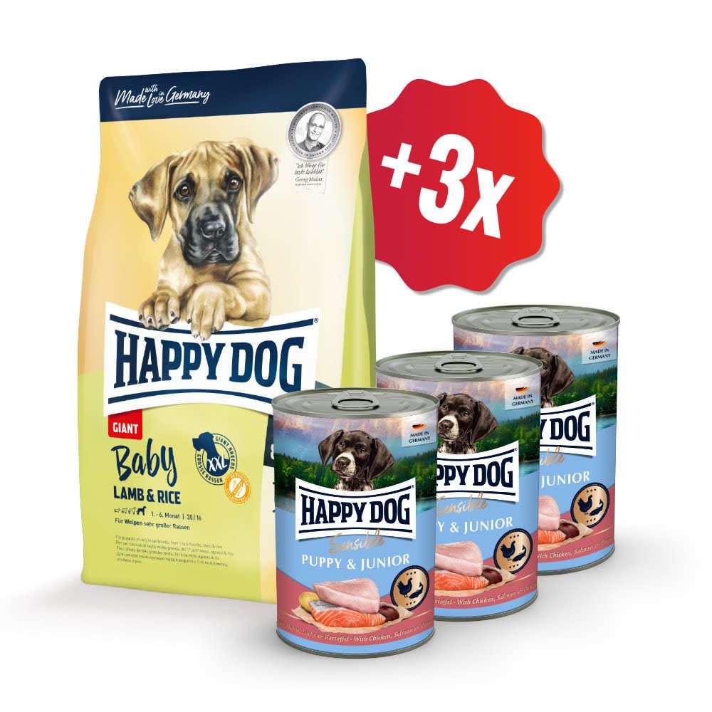 Happy Dog Baby Giant Lamb & Rice 15kg + 3x 400g konzerva ZDARMA Euroben